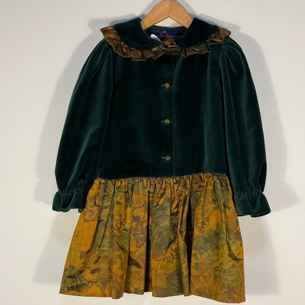 Alfred Sung Vintage Girls Green Velvet Gold Floral Dress Size 5 Holiday READ